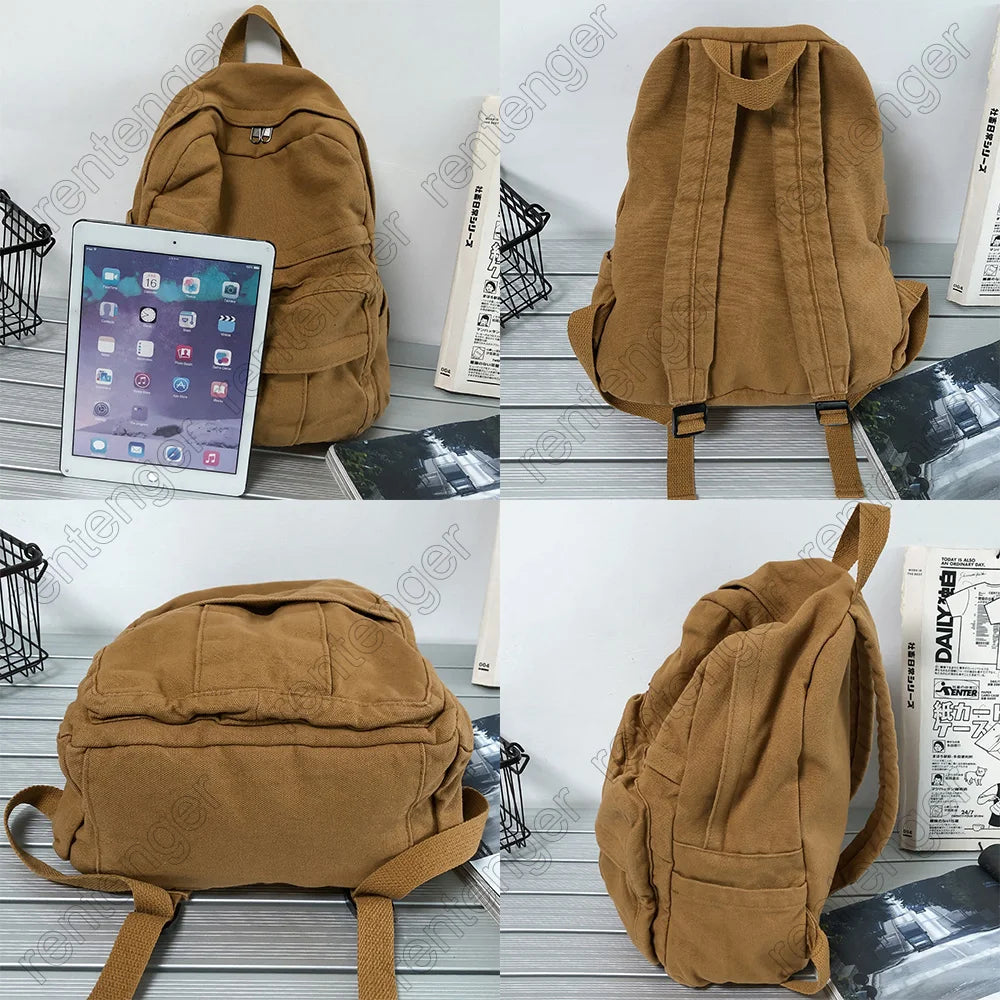 Vintage Canvas Backpack - Unisex School Bag in Stylish Solid Colors